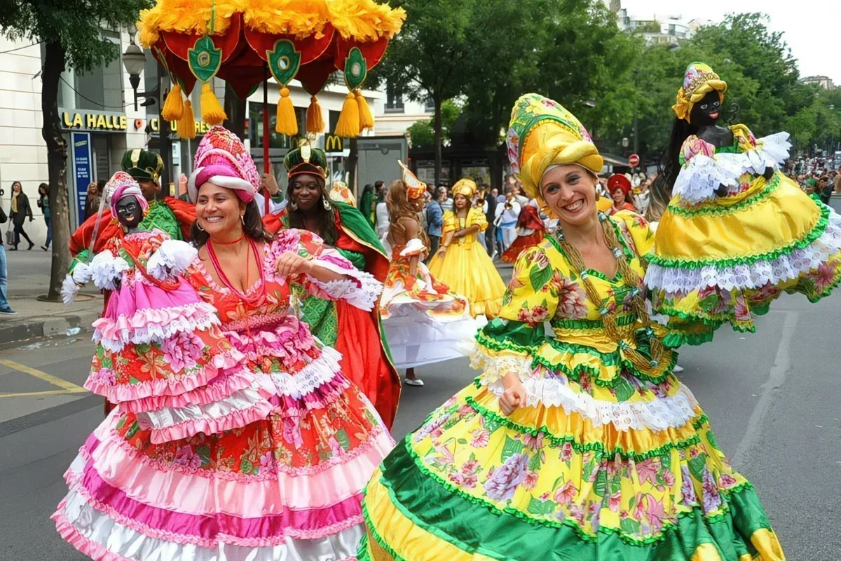 Deux danseuses du Batuk Ojú Ọba en costumes roses et jaunes, portant leurs calungas pendant le défilé